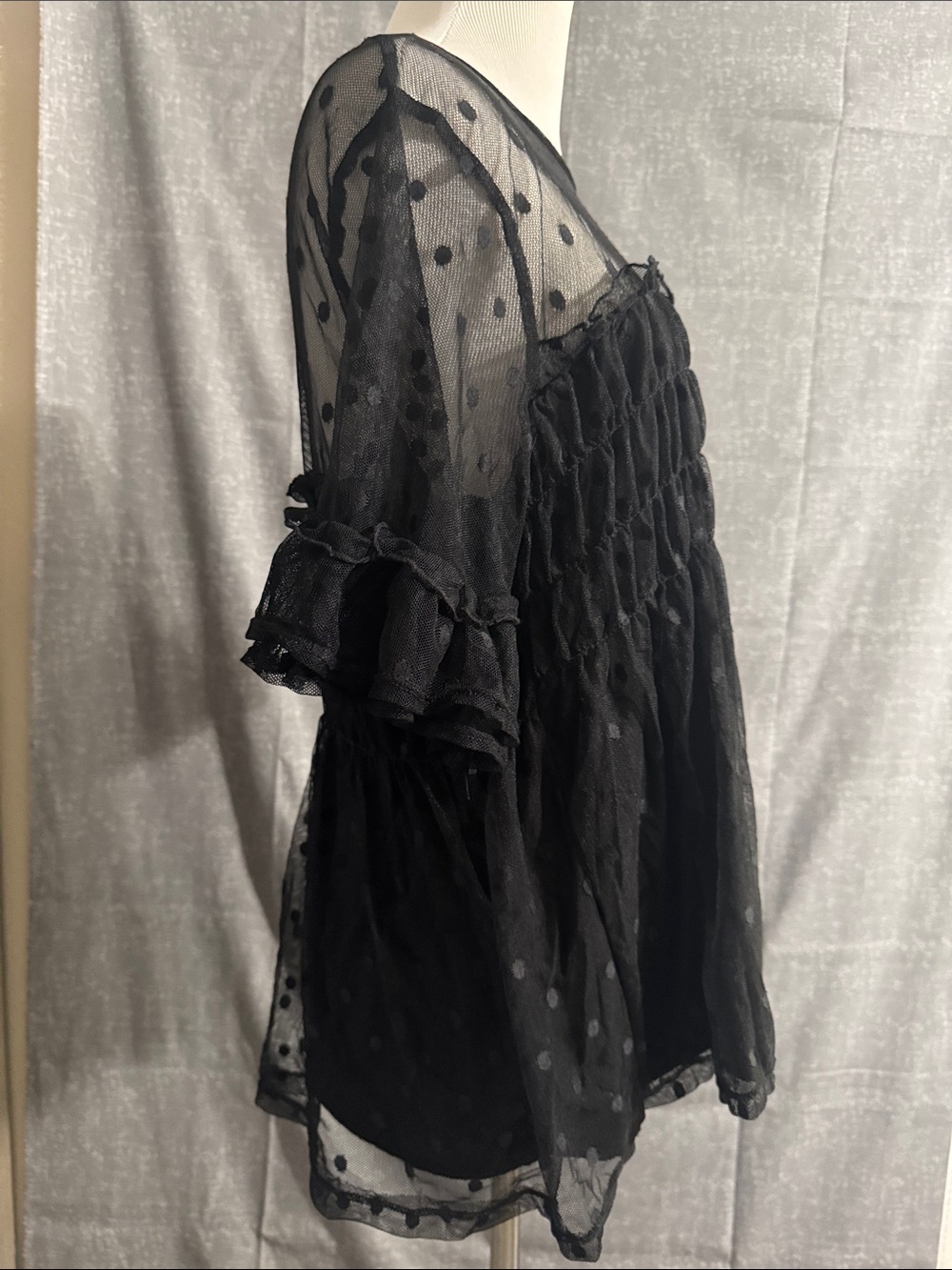 Black Polka Dot Sheer Ruffled Babydoll Top - Picture 4 of 10